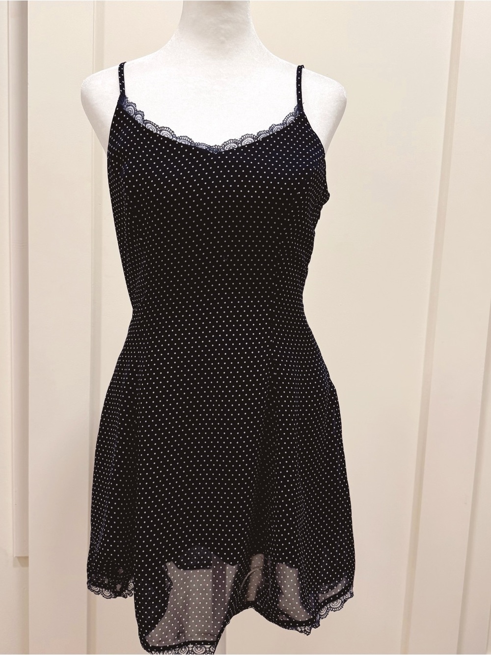 Navy Blue Polka Dot Lace Trim Slip Dress